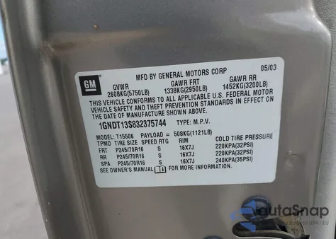 2003 Chevrolet Trailblazer Lt from USA, damaged, VIN 1GNDT13S832375744